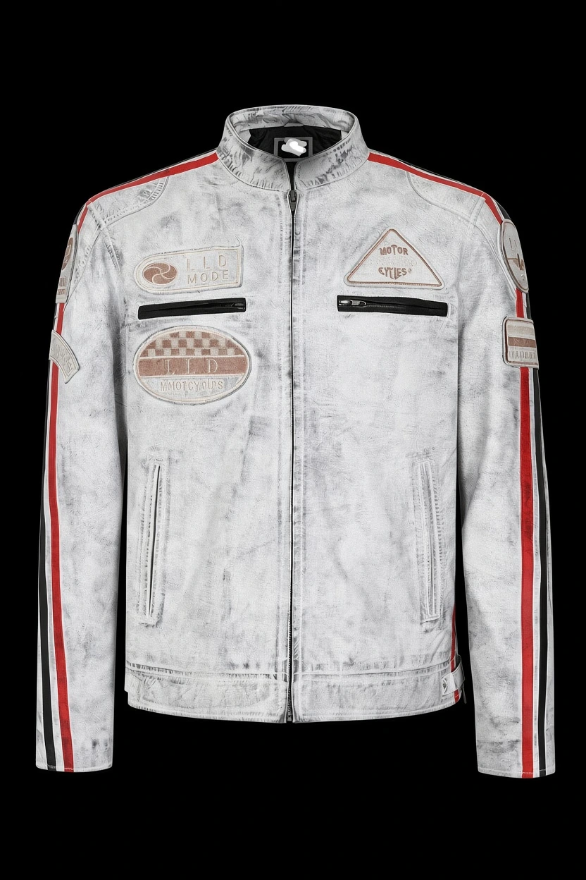 Vintage Distressed Leather Motorcycle Jacket | Retro Moto Racer Outerwear with Patches